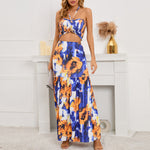 YESFASHION 2pcs Boho Halter Neck Crop Top Skirt Set Suit