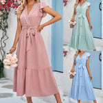 YESFASHION Women Lace V-neck Dress Flutter Sleeve Tie Waist Fit