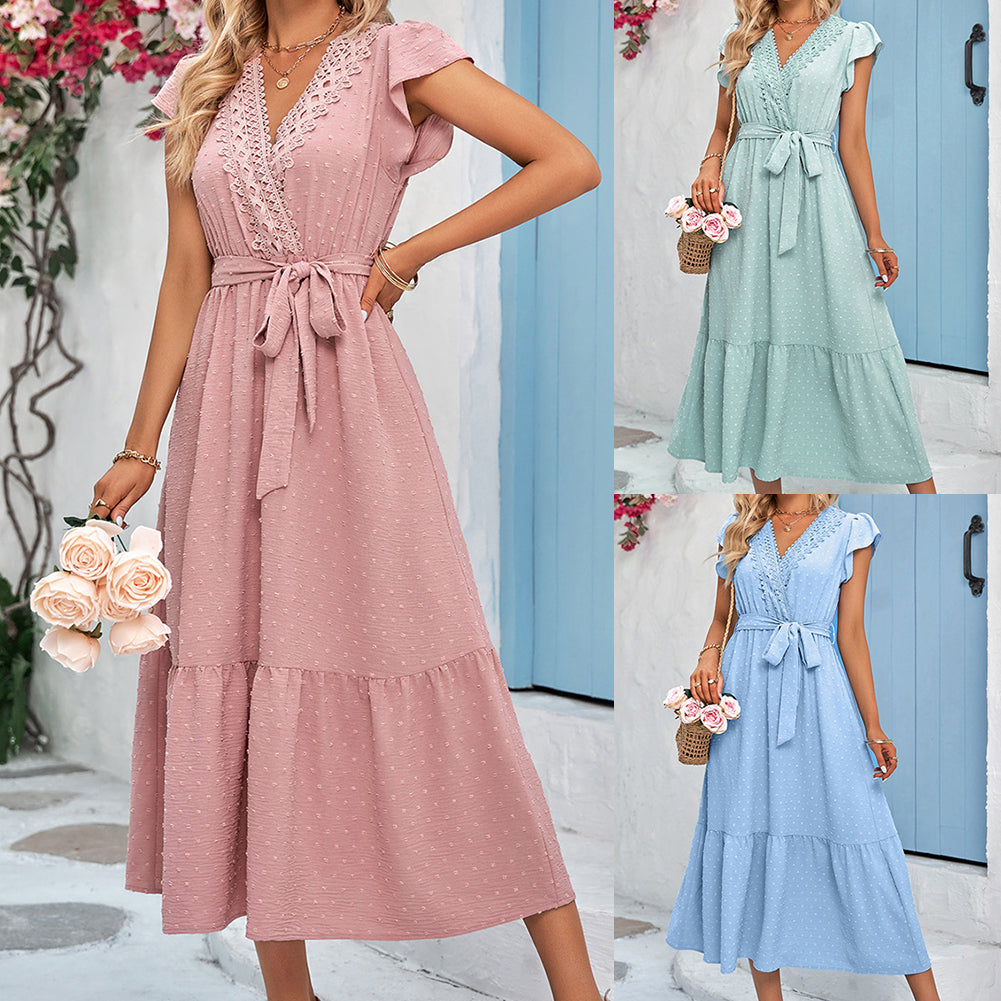 YESFASHION Women Lace V-neck Dress Flutter Sleeve Tie Waist Fit