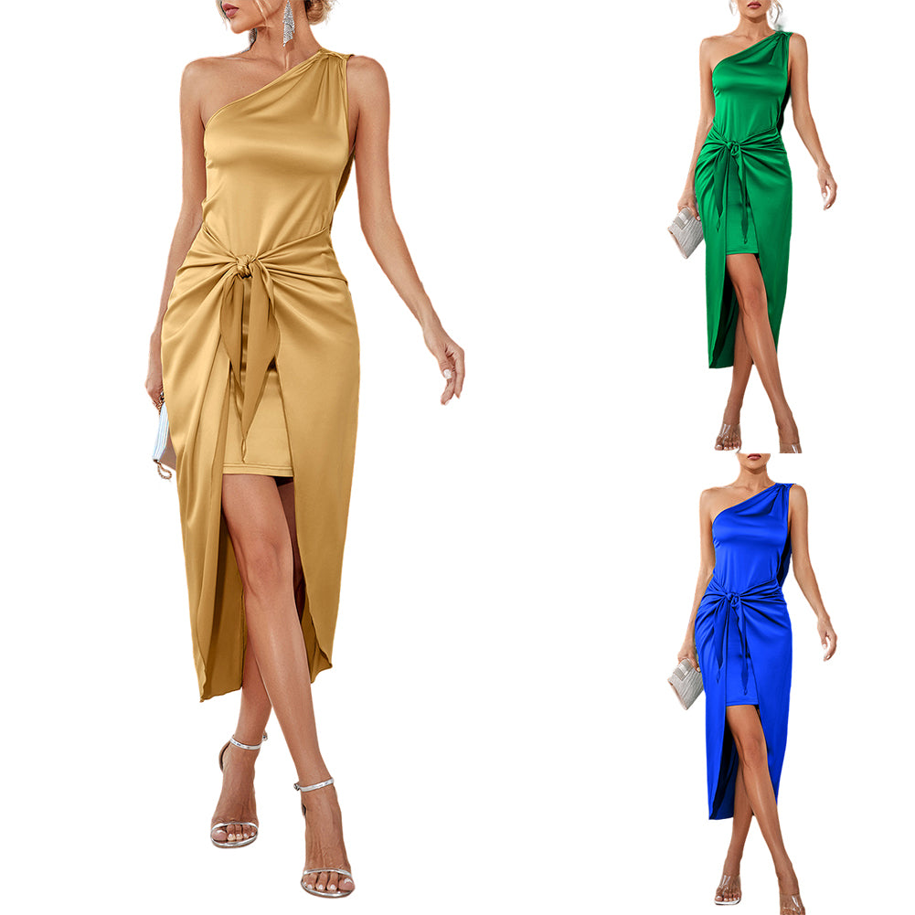 YESFASHION Women One Shoulder Dress Elegant Lace-up Skirt