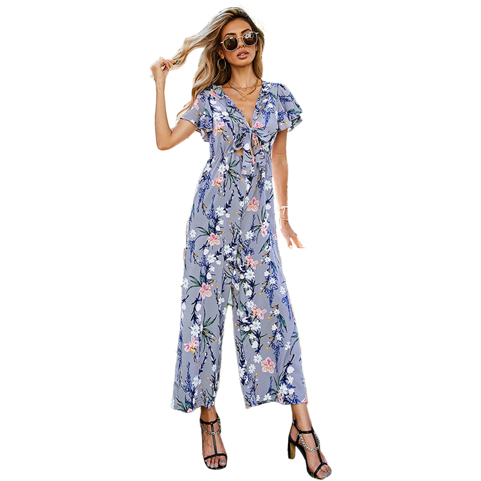 YESFASHION Women Short Sleeve Jumpsuit Wide Leg Pants