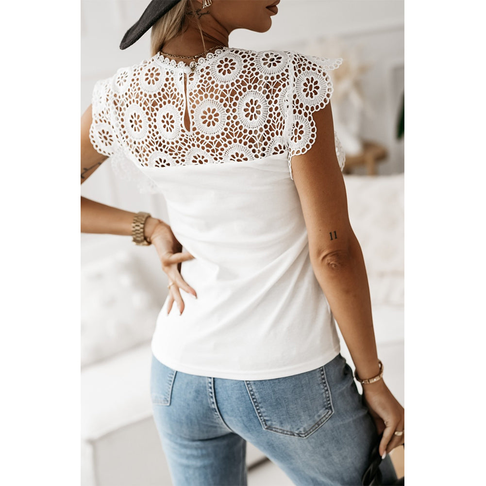 YESFASHION Women Lace Tank Trendy Round Neck Sleeveless Blouse Tops