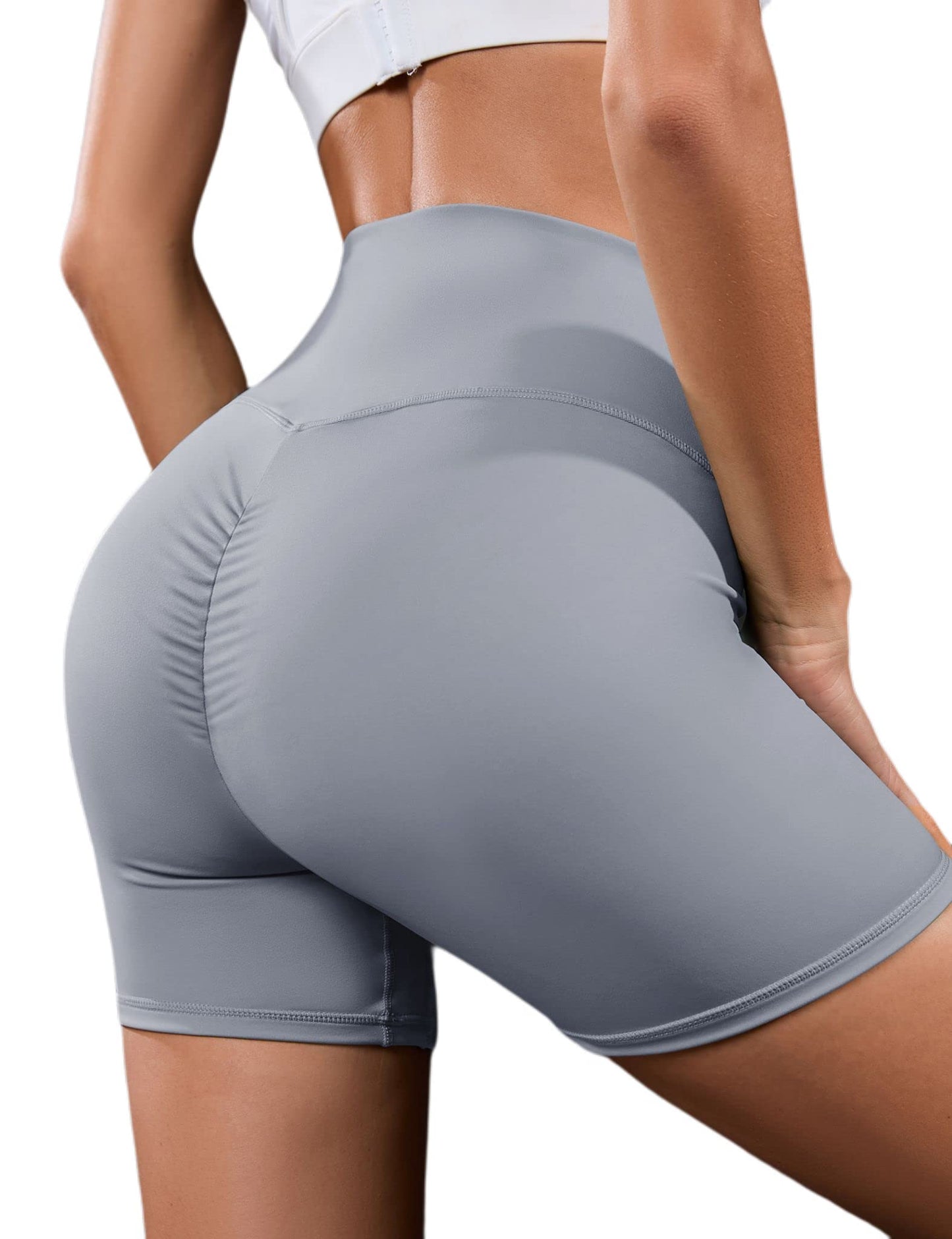 YESFASHION Women's Ruched Hip Lifting Tummy Yoga Shorts Grey