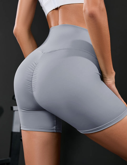 YESFASHION Women's Ruched Hip Lifting Tummy Yoga Shorts Grey