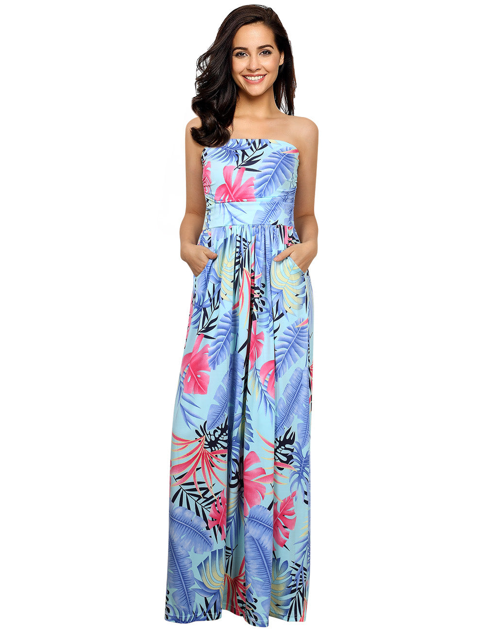 YESFASHION Women's Strapless Backless Summer Tropical Dress