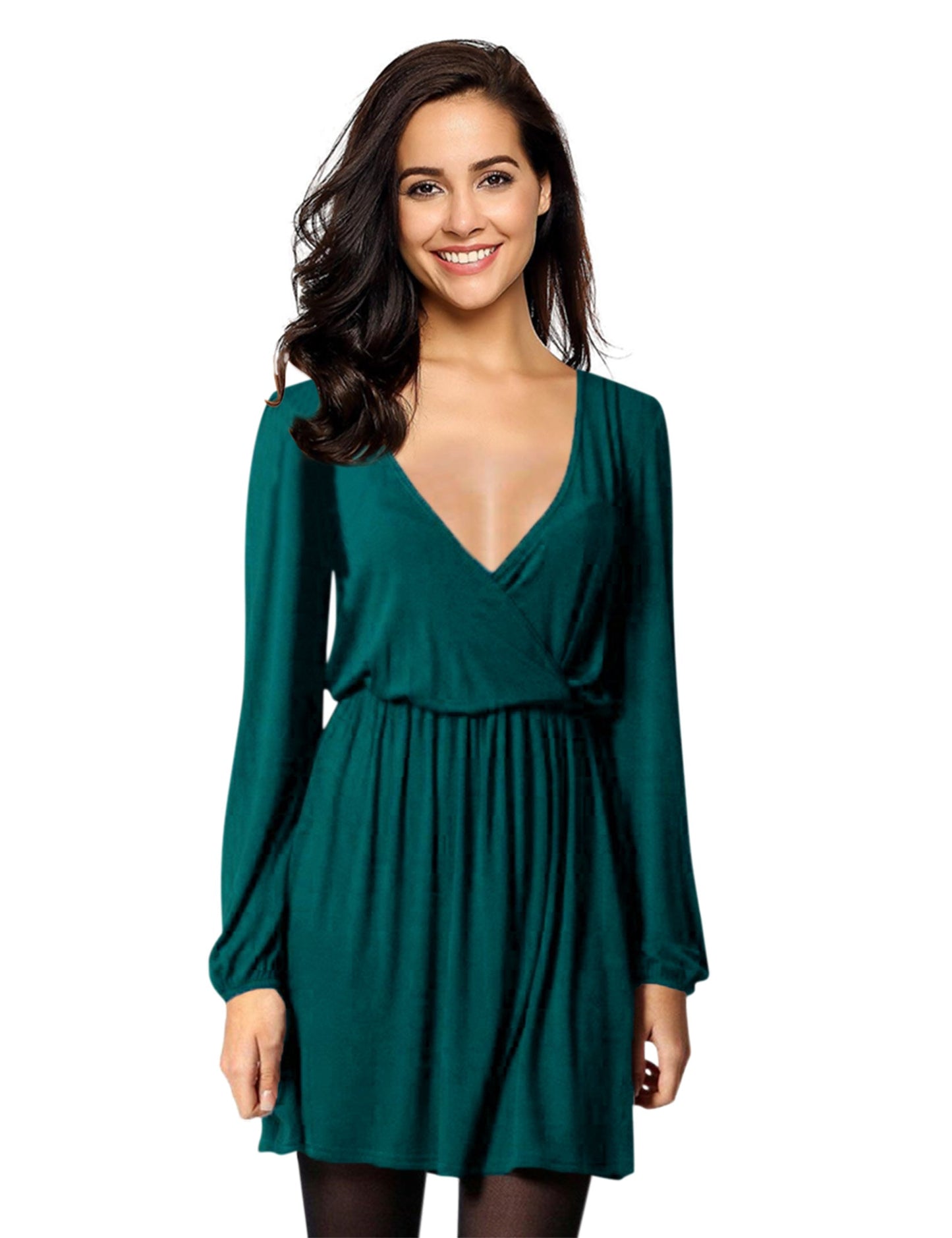 YESFASHION Women V-Neck A-Line Solid Plain Party Casual Mini Dress Blue Green