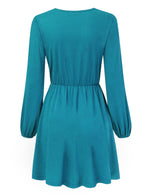 YESFASHION Women V-Neck A-Line Solid Plain Party Casual Mini Dress Blue Green