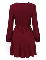 YESFASHION Women V-Neck A-Line Solid Plain Party Casual Mini Dress Wine Red