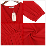 YESFASHION Women V-Neck A-Line Solid Plain Party Casual Mini Dress Red