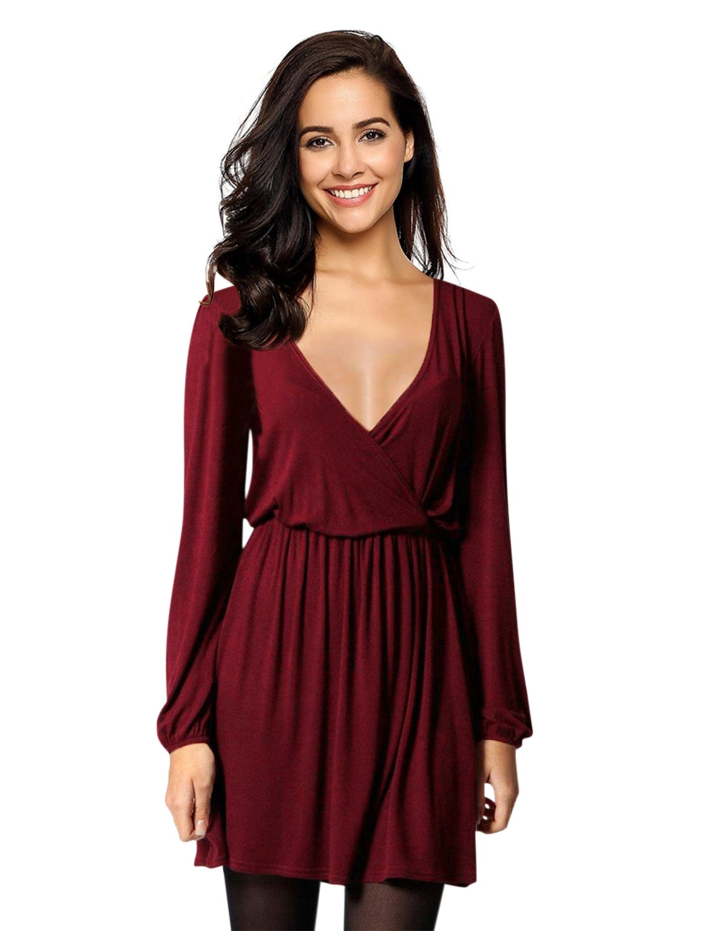 YESFASHION Women V-Neck A-Line Solid Plain Party Casual Mini Dress Wine Red