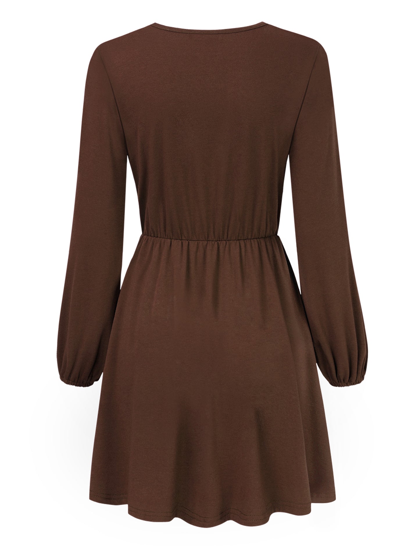 YESFASHION Women V-Neck A-Line Solid Plain Party Casual Mini Dress Brown