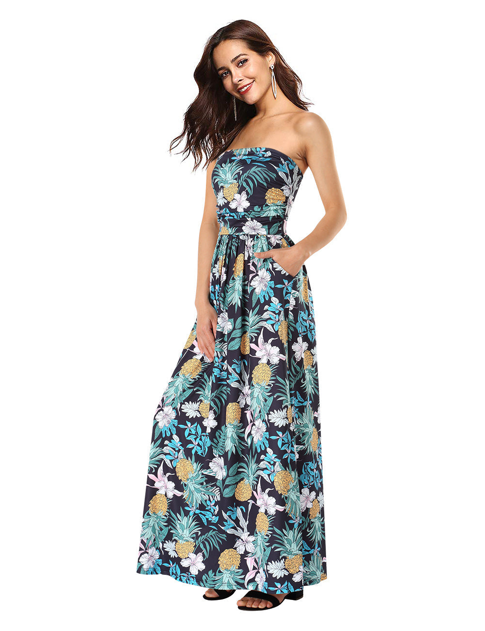 YESFASHION Women's Strapless Graceful Floral Party Maxi Long Dress Canna Black