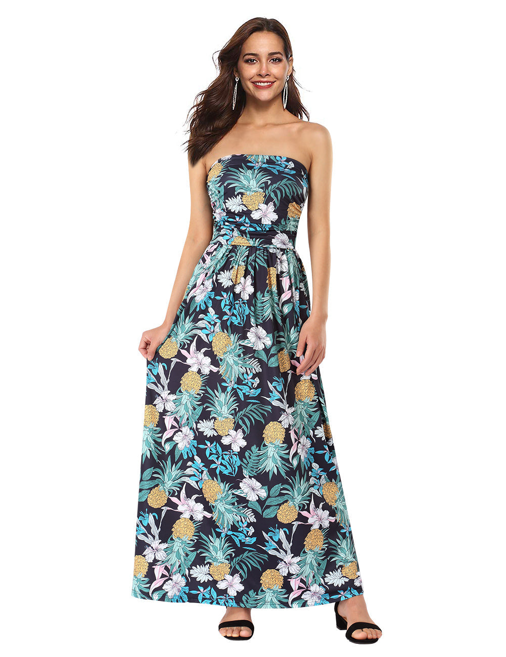 YESFASHION Women's Strapless Graceful Floral Maxi Long Dress