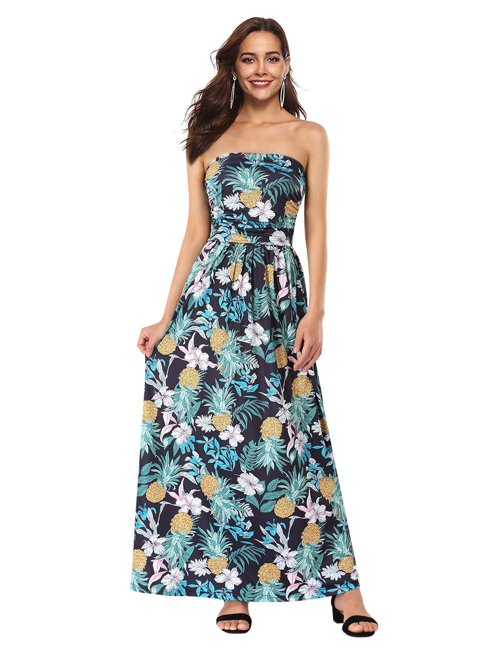 YESFASHION Women's Strapless Graceful Floral Party Maxi Long Dress Floral Blue