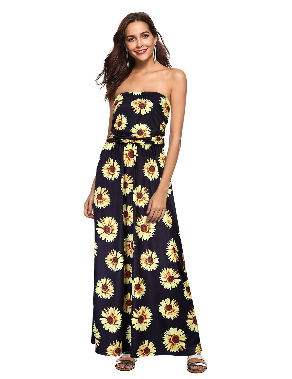 YESFASHION Women's Strapless Graceful Floral Party Maxi Long Dress Black