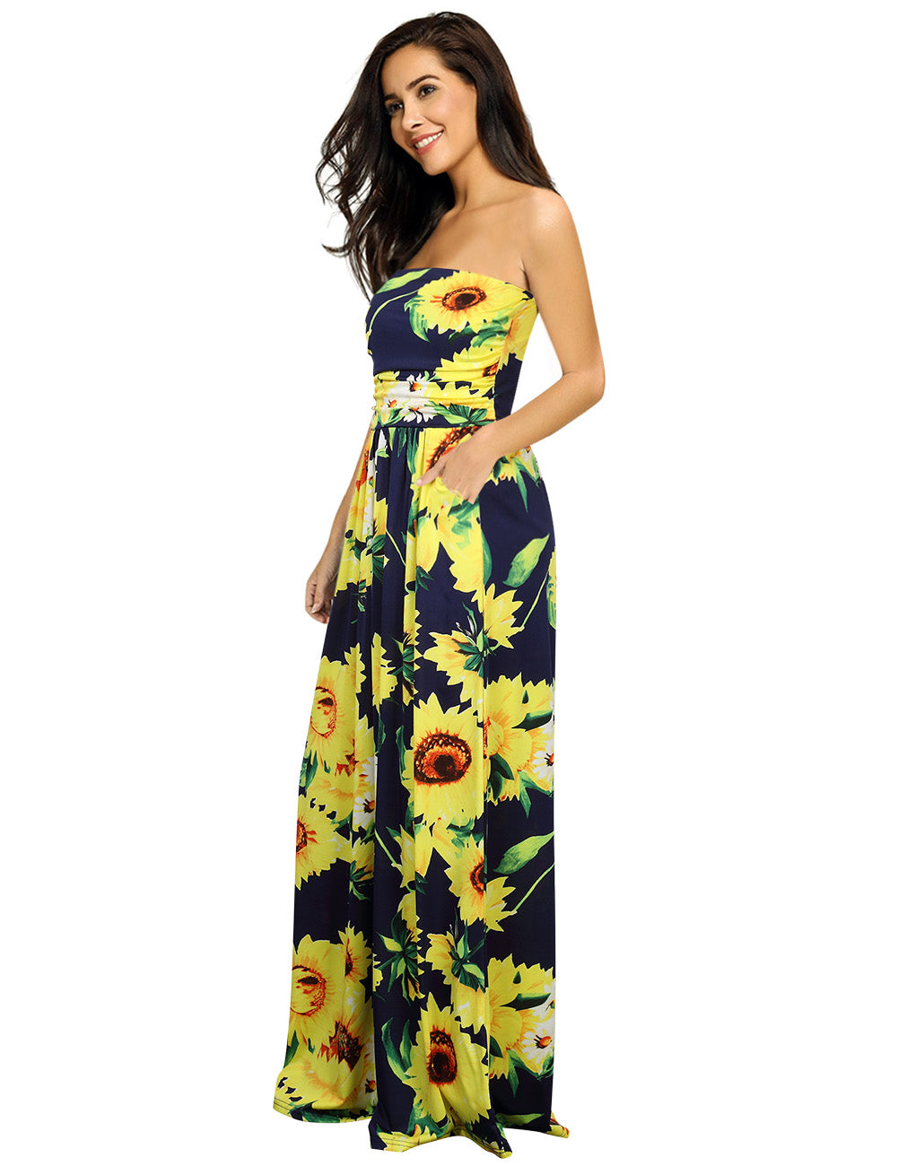 YESFASHION Women's Strapless Graceful Floral Party Maxi Long Dress