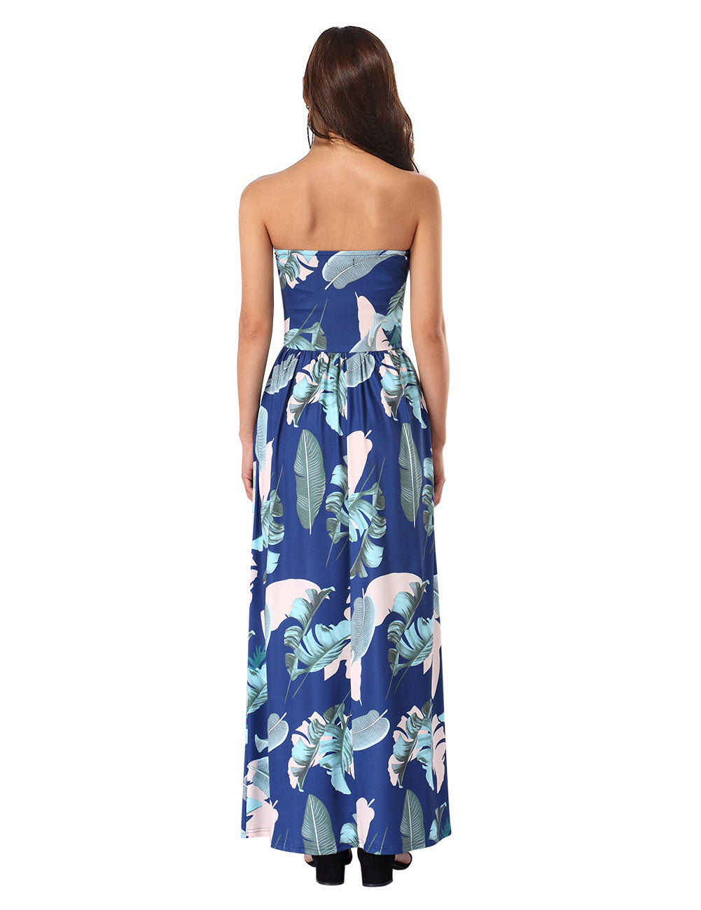 YESFASHION Women's Strapless Graceful Floral Party Maxi Long Dress Navy Blue