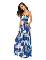 YESFASHION Women's Strapless Graceful Floral Party Maxi Long Dress Navy Blue