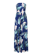 YESFASHION Women's Strapless Graceful Floral Party Maxi Long Dress Navy Blue