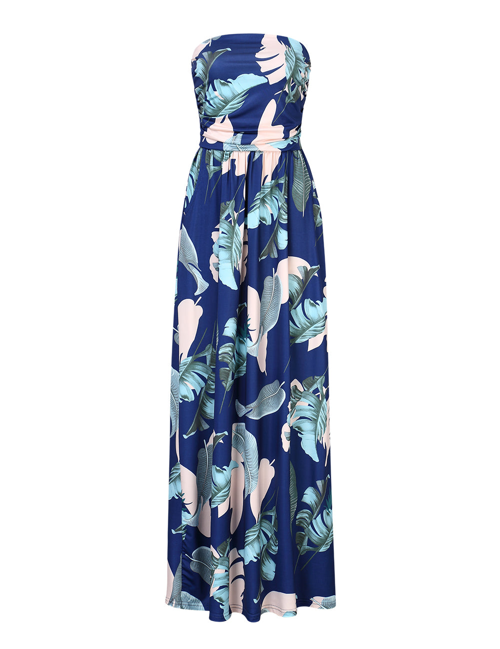 YESFASHION Women's Strapless Graceful Floral Party Maxi Long Dress Navy Blue