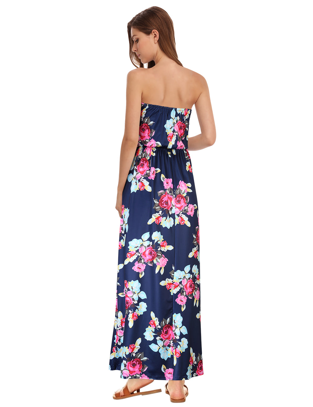YESFASHION Women's Strapless Graceful Floral Party Maxi Long Dress Dark Blue