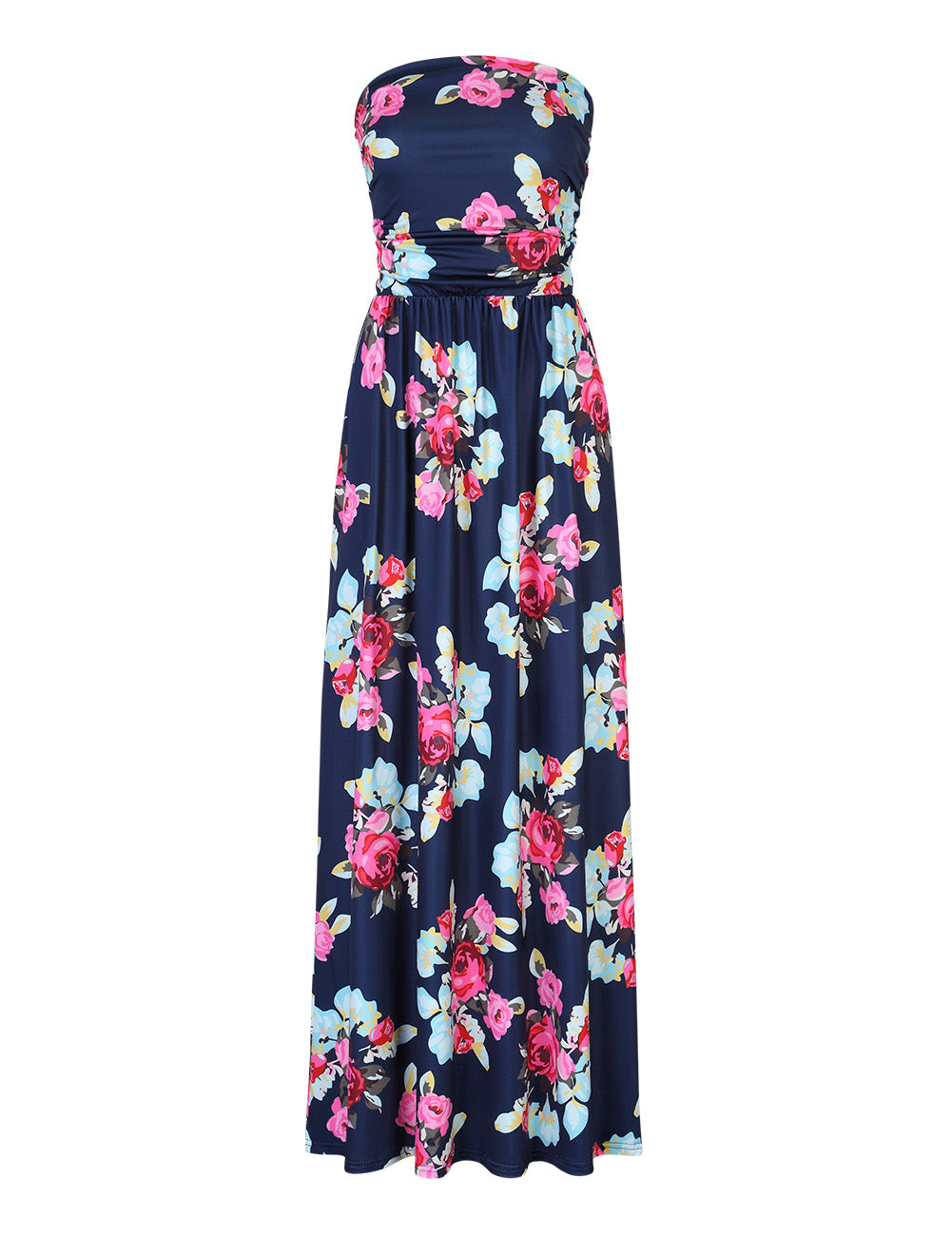 YESFASHION Women's Strapless Graceful Floral Party Maxi Long Dress Dark Blue