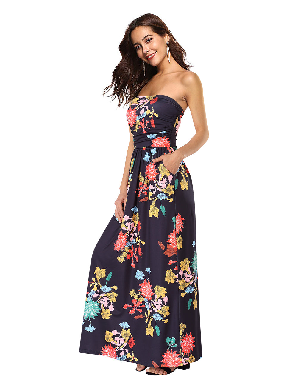 YESFASHION Women's Strapless Graceful Floral Party Maxi Long Dress Canna Black