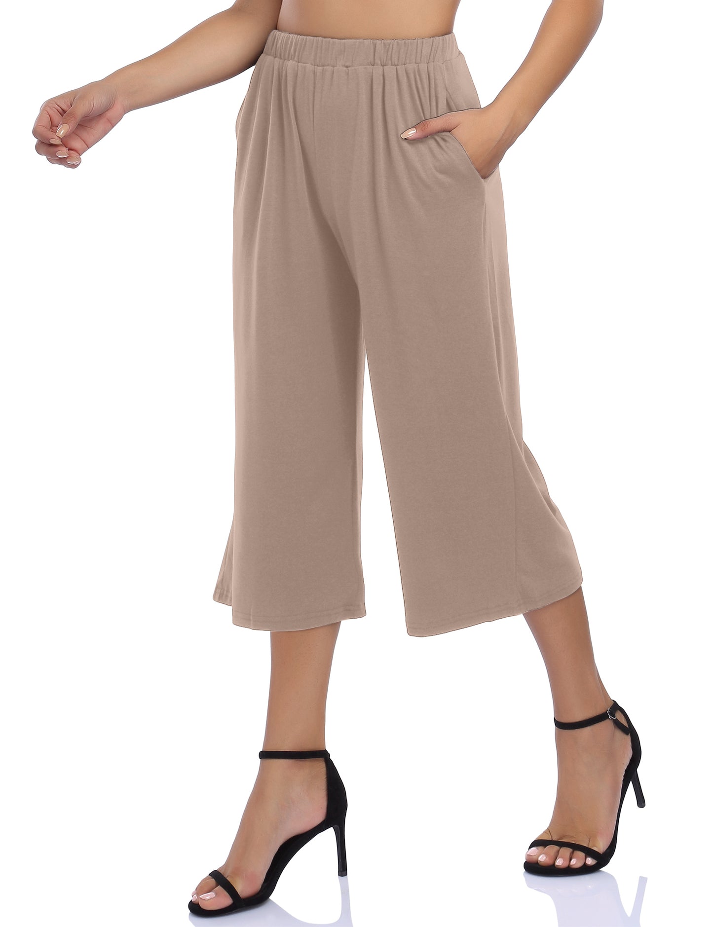 GLORYSUNSHINE Women's Elastic Waist Solid Wide Leg Pants Khaki