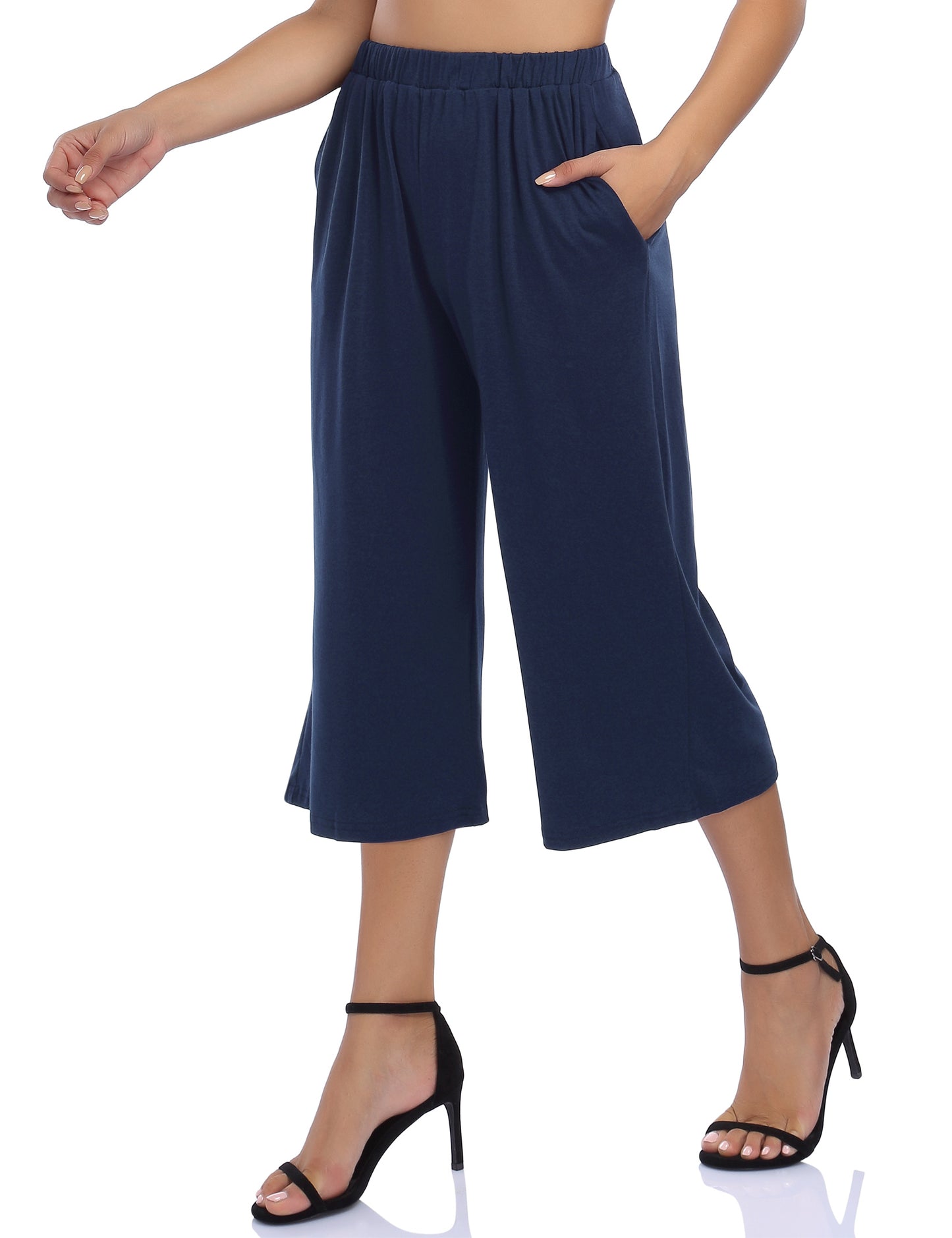 GLORYSUNSHINE Women's Elastic Waist Solid Wide Leg Pants Blue