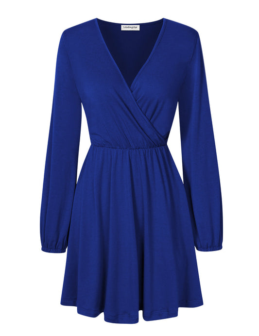 YESFASHION Women V-Neck Business Casual Party Mini Dress Dark Blue
