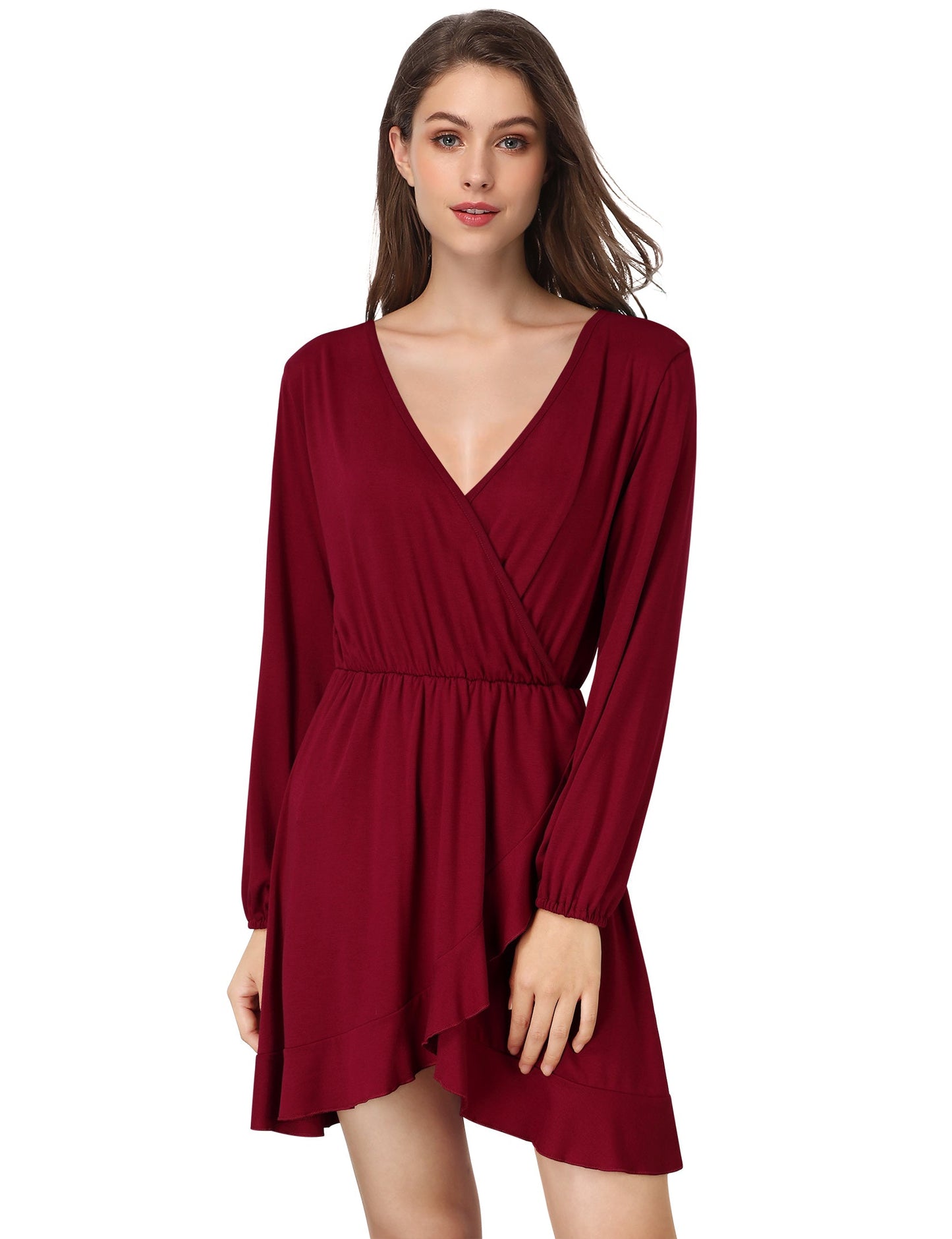 YESFASHION Women's Vneck A-Line Ruffles Cocktail Party Dress Wine Red