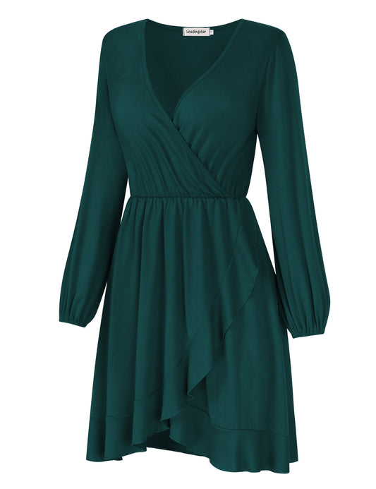 YESFASHION Women's Vneck A-Line Ruffles Cocktail Party Dress Green