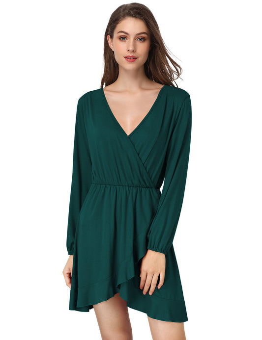 YESFASHION Women's Vneck A-Line Ruffles Cocktail Party Dress Green