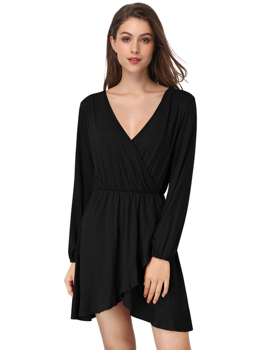 YESFASHION Women's Vneck A-Line Ruffles Cocktail Party Dress Black