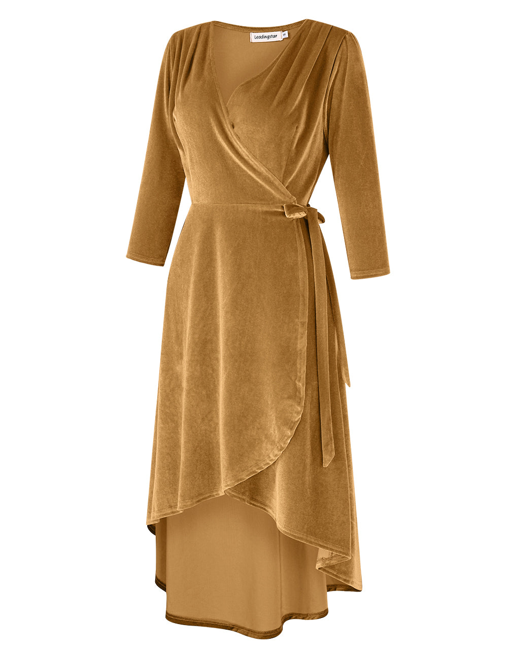 YESFASHION Women's Velvet V-Neck Long Sleeve Casual Party Dress Yellow