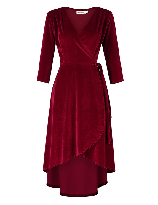 YESFASHION Women's Velvet V-Neck Long Sleeve Casual Party Dress Red