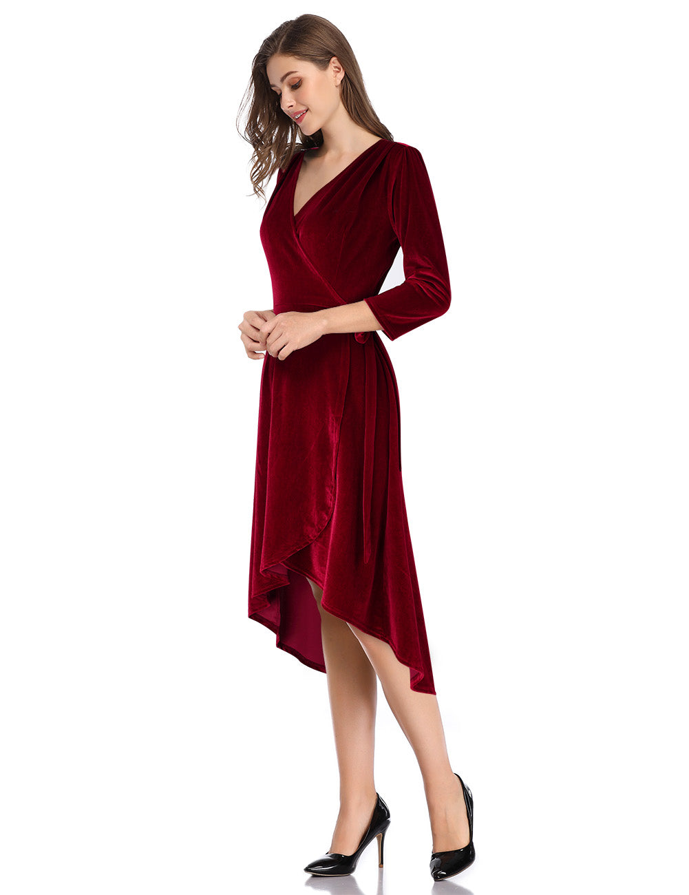 YESFASHION Women's Velvet V-Neck Long Sleeve Casual Party Dress Red