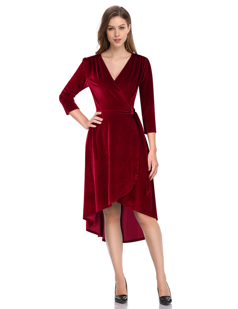 YESFASHION Women's Velvet V-Neck Long Sleeve Casual Party Dress Red