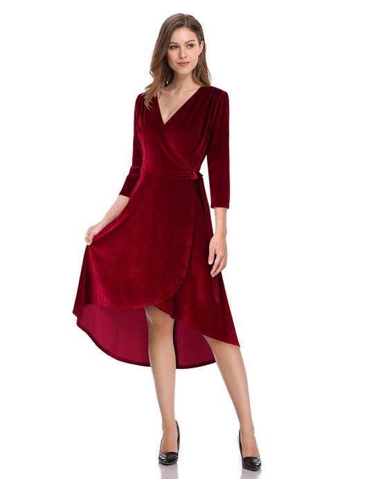 YESFASHION Women's Velvet V-Neck Long Sleeve Casual Party Dress Red