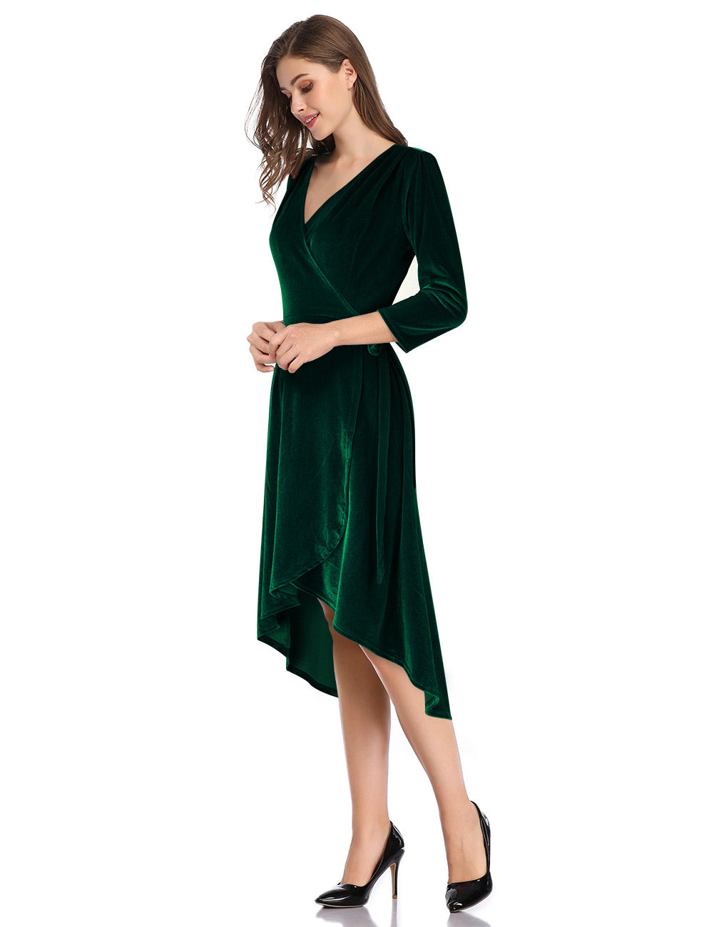 YESFASHION Women's Velvet V-Neck Long Sleeve Casual Party Dress Green