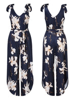 YESFASHION Women's Sleeveless Shoulder V Neck Tie Wide Pants Blue