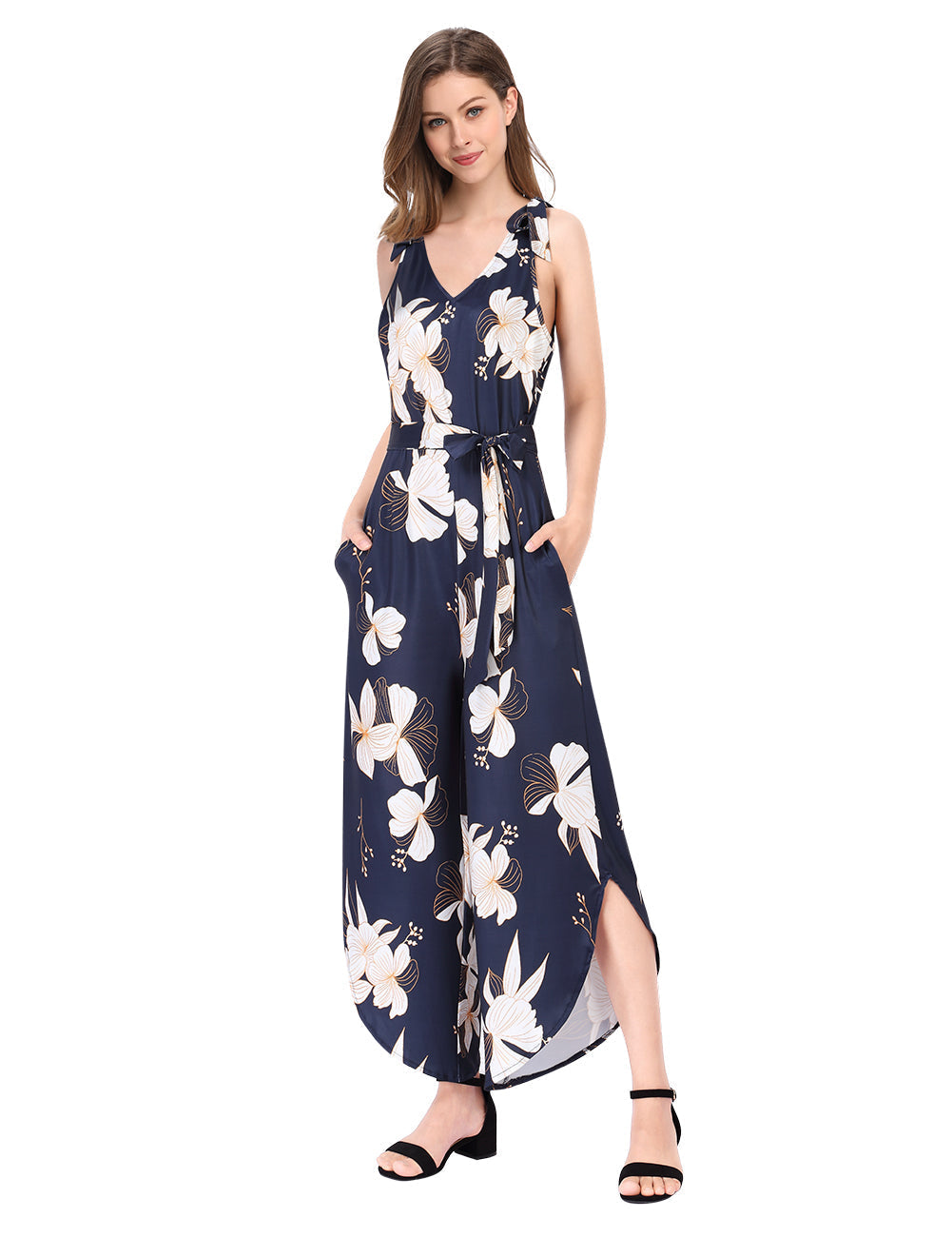 YESFASHION Women's Sleeveless Shoulder V Neck Tie Wide Pants Leopard