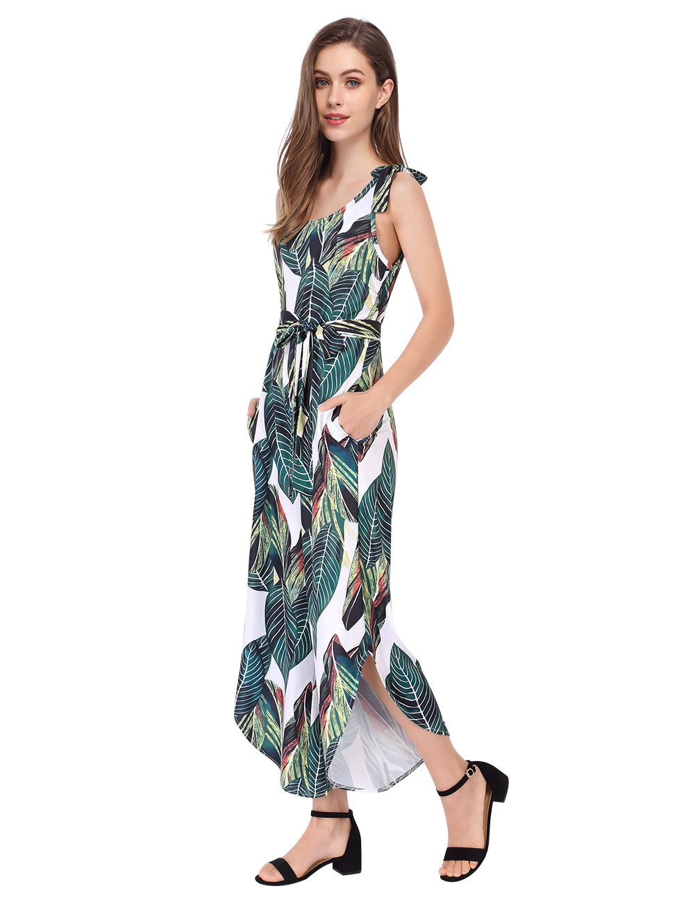 YESFASHION Women's Sleeveless Shoulder V Neck Tie Wide Pants Green