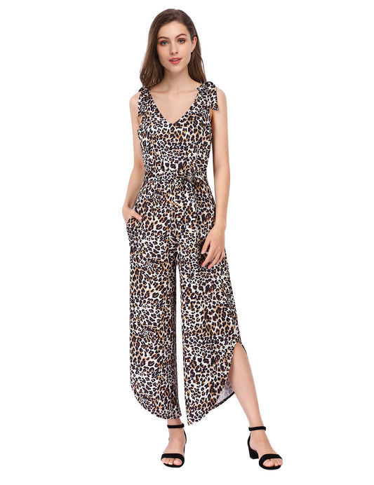 YESFASHION Women's Sleeveless Shoulder V Neck Tie Wide Pants Leopard