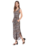 YESFASHION Women's Sleeveless Shoulder V Neck Tie Wide Pants Leopard