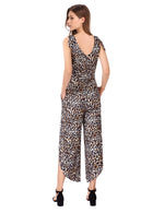 YESFASHION Women's Sleeveless Shoulder V Neck Tie Wide Pants Leopard