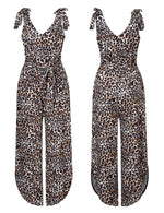 YESFASHION Women's Sleeveless Shoulder V Neck Tie Wide Pants Leopard