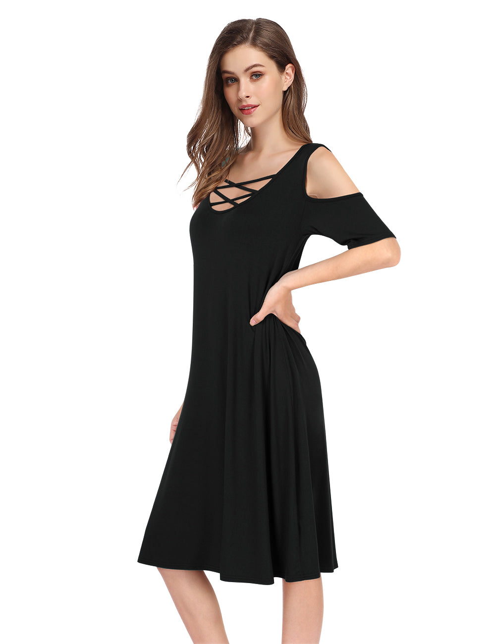 Women's Cold Shoulder Short Sleeve Solid Color Loose Casual Dress