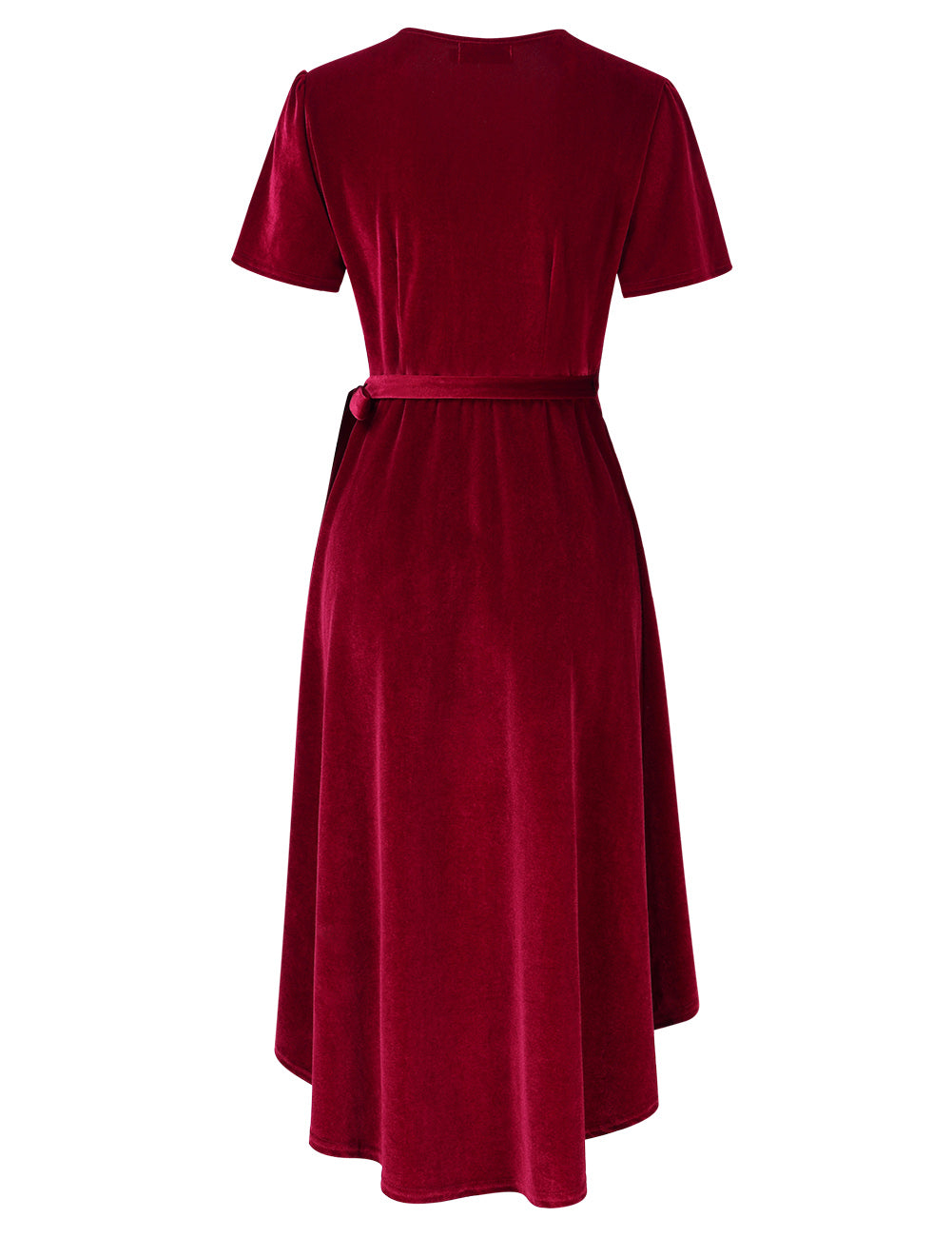 YESFASHION Women Velvet V-Neck Short Sleeve Empire Party Midi Dress Wine Red