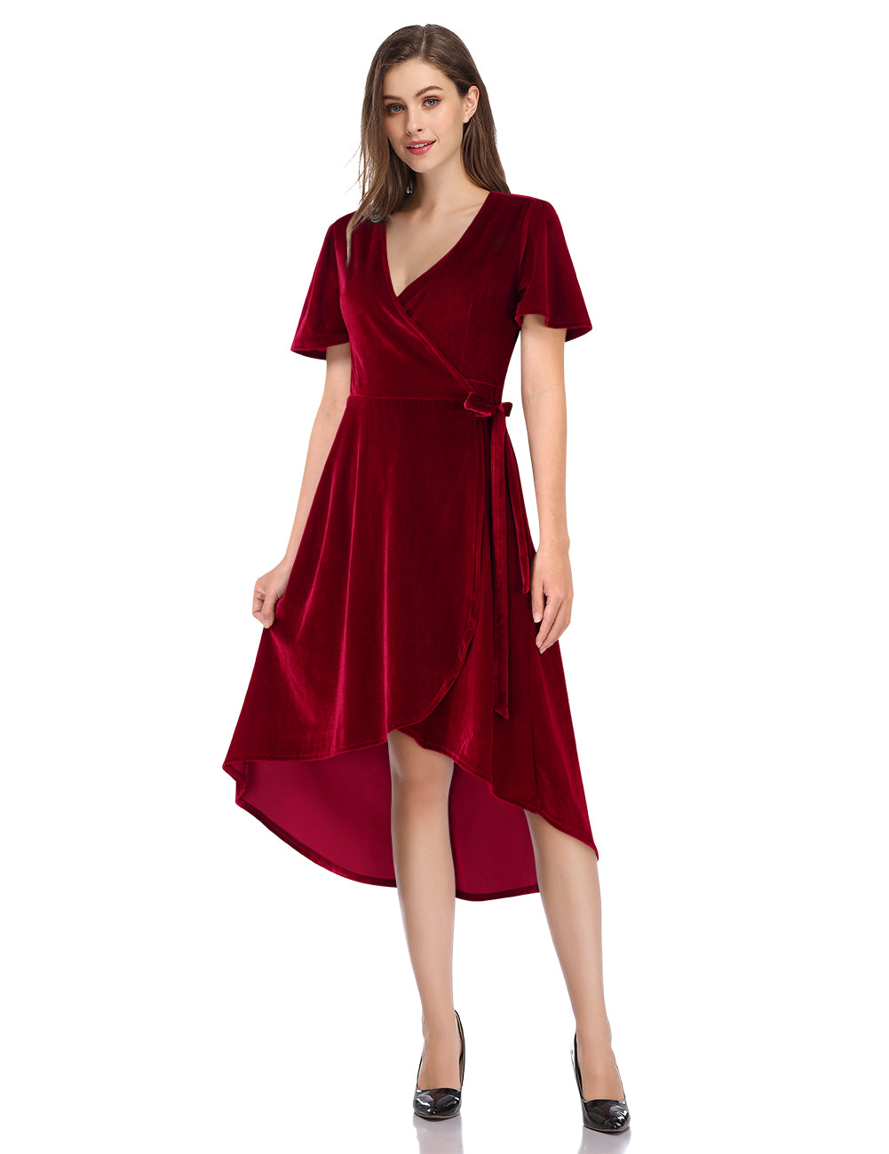 YESFASHION Women Velvet V-Neck Short Sleeve Empire Party Midi Dress Wine Red